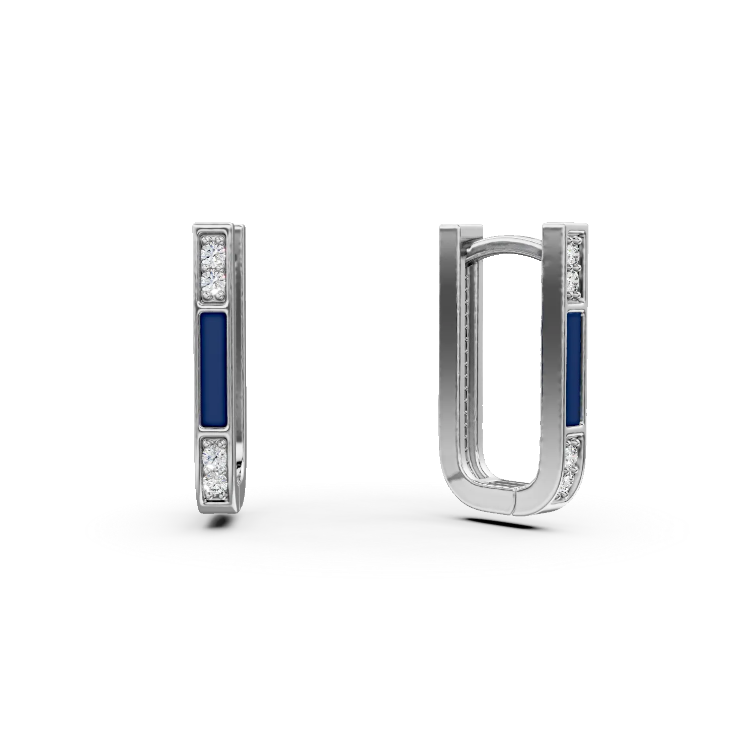 Cercei geometrici din aur alb cu zirconii albastre si albe