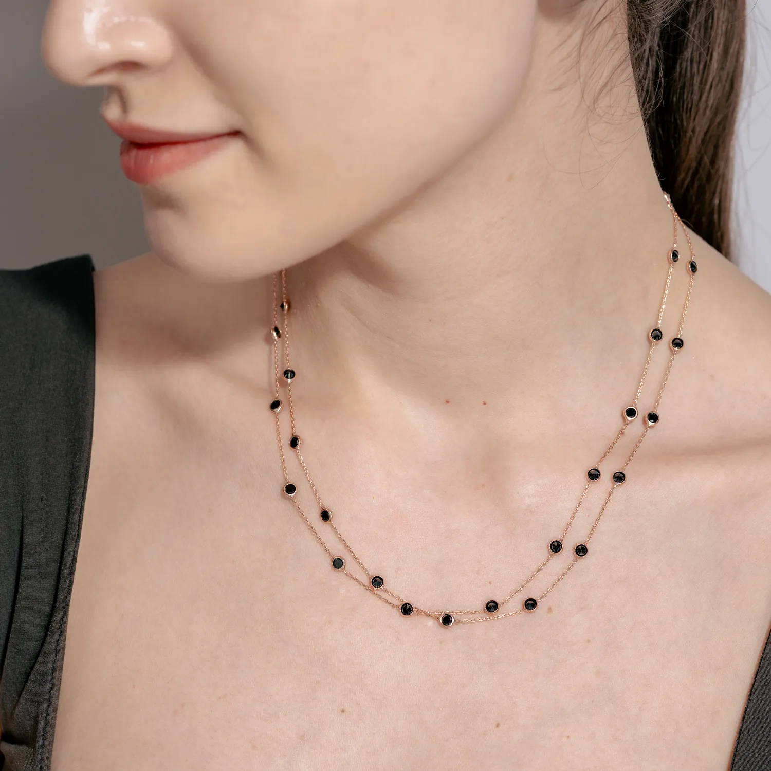 Lant din argint roz cu zirconii negre