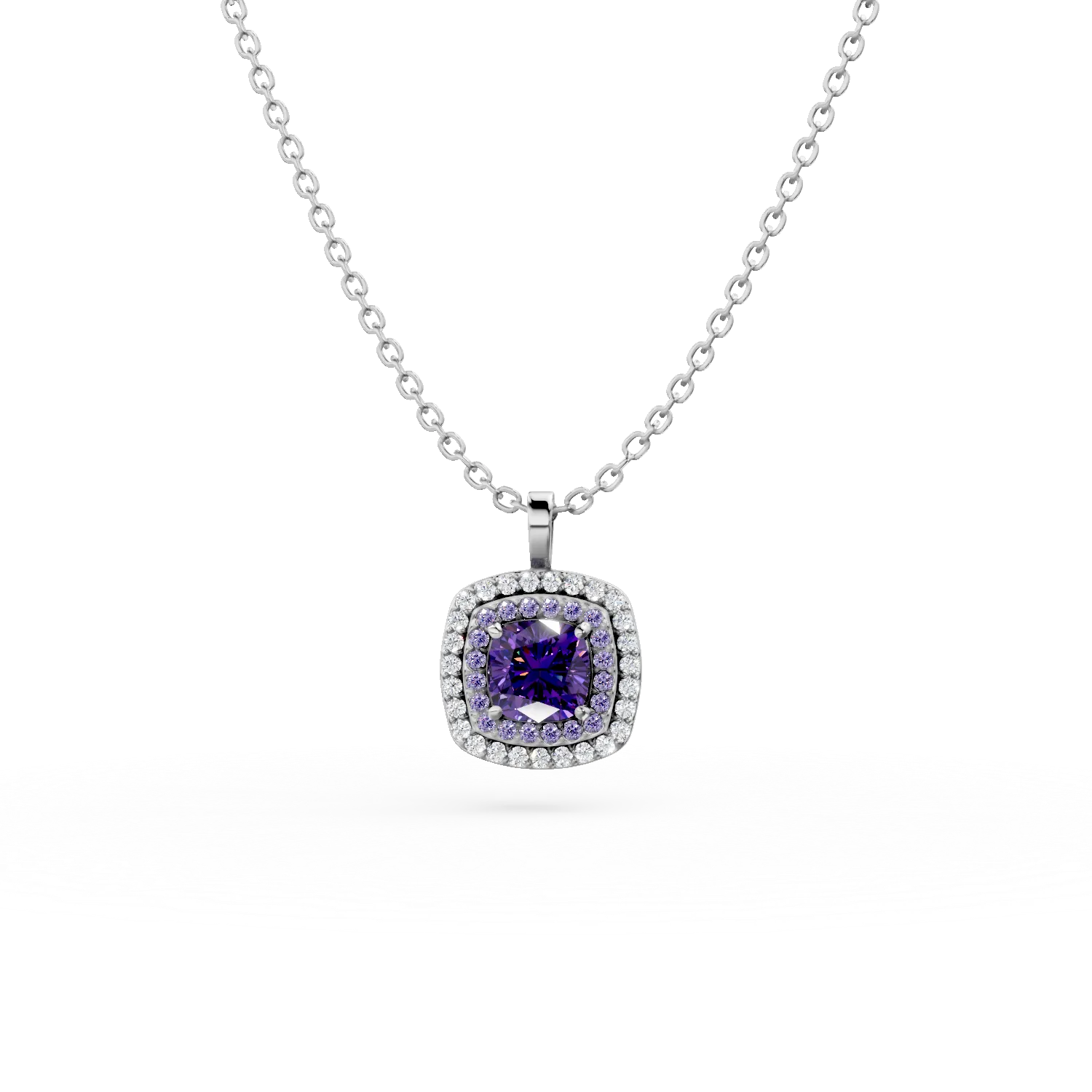 Lant din argint cu pandantiv geometric cu zirconii mov si albe