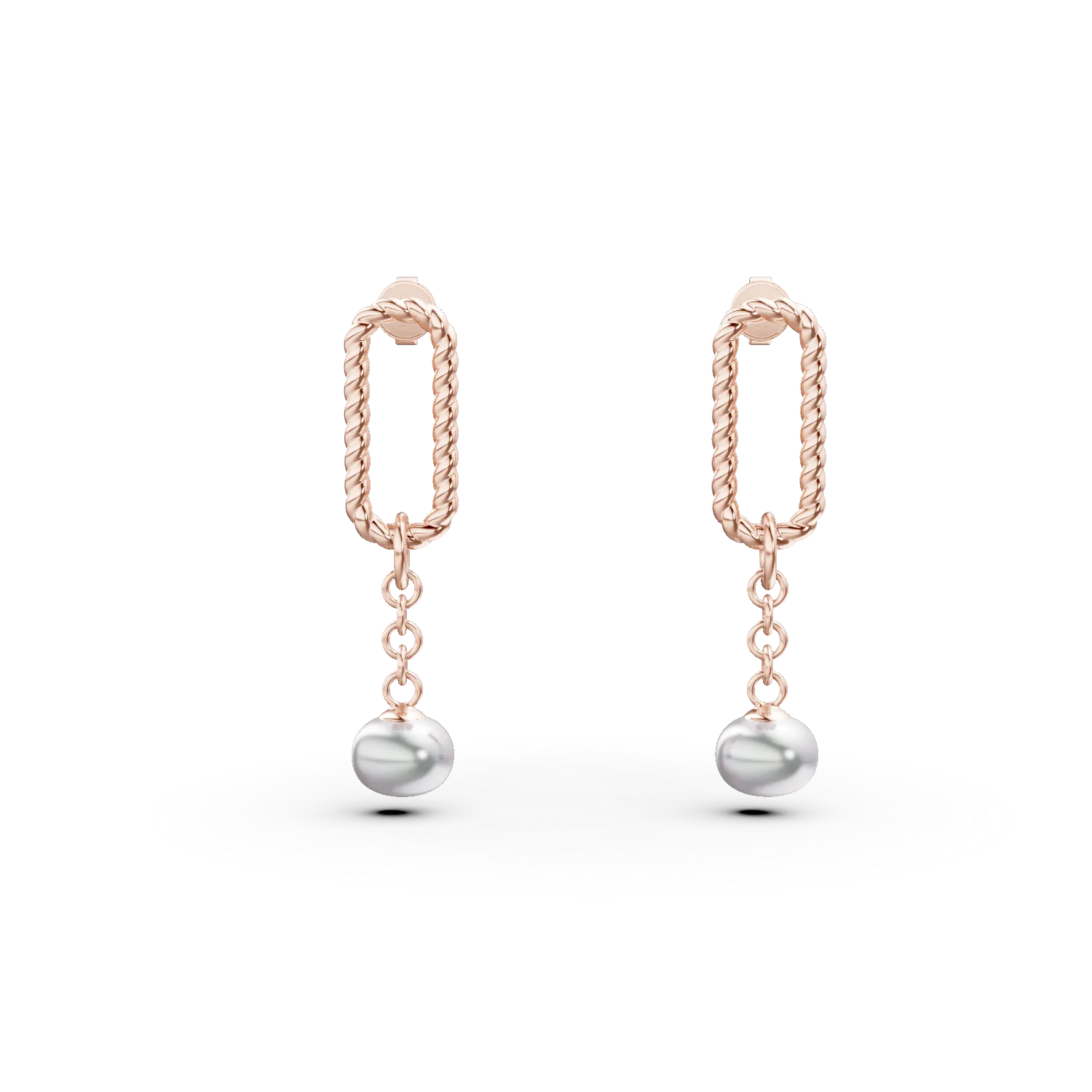 Cercei impletiti cu surub din argint roz cu perle de cultura