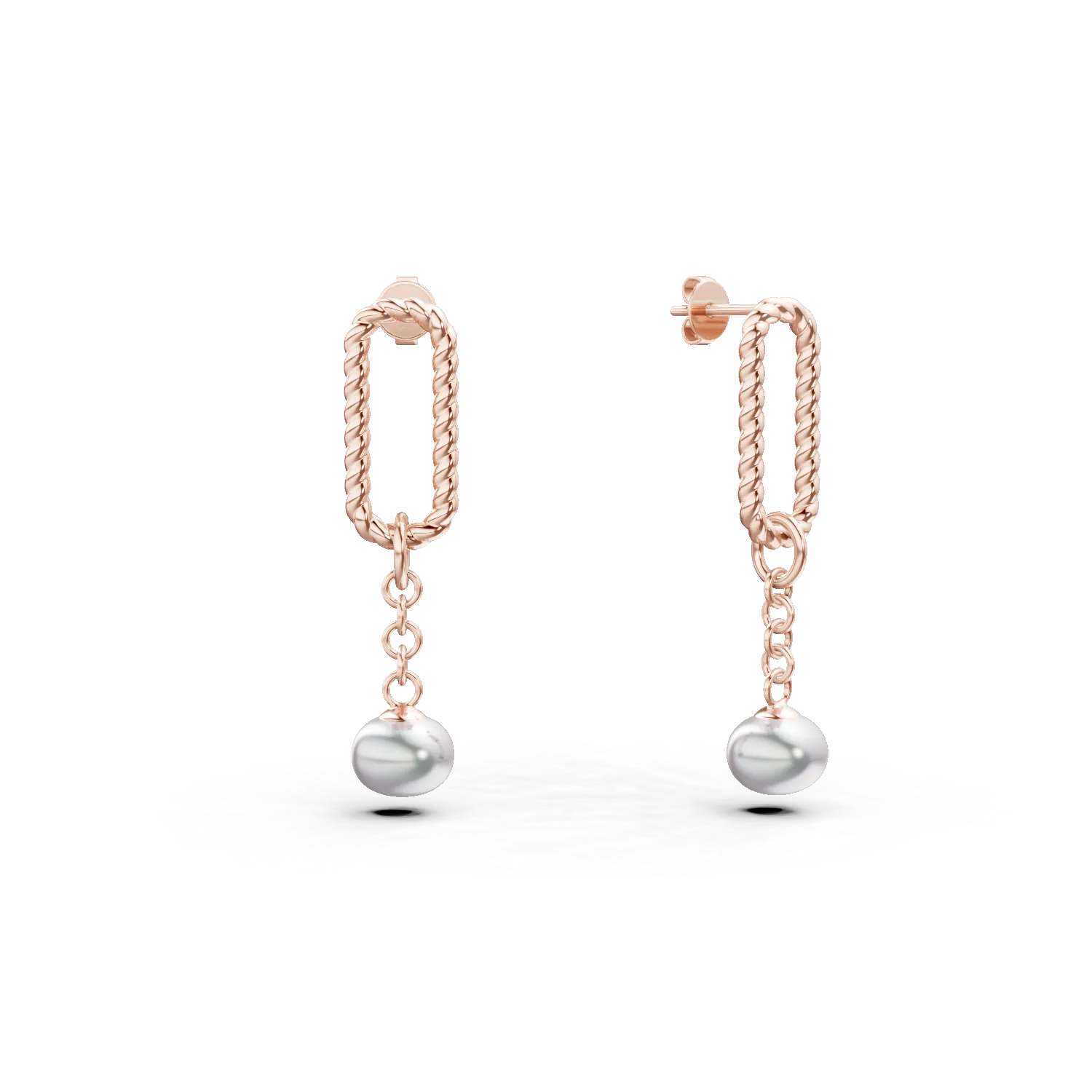 Cercei impletiti cu surub din argint roz cu perle de cultura