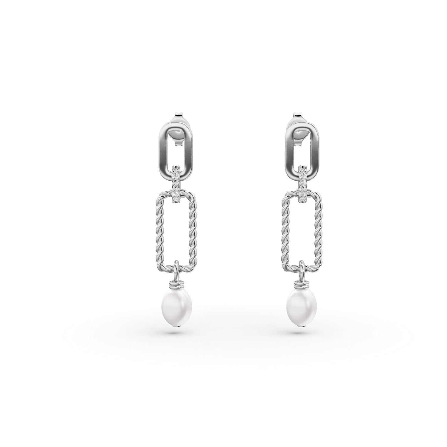 Cercei impletiti din argint cu zirconii si perle de cultura