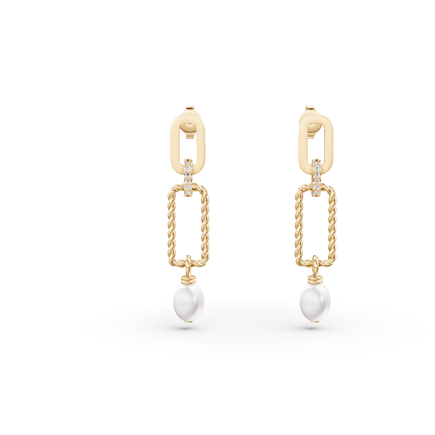 Cercei impletiti din argint galben cu zirconii si perle de cultura