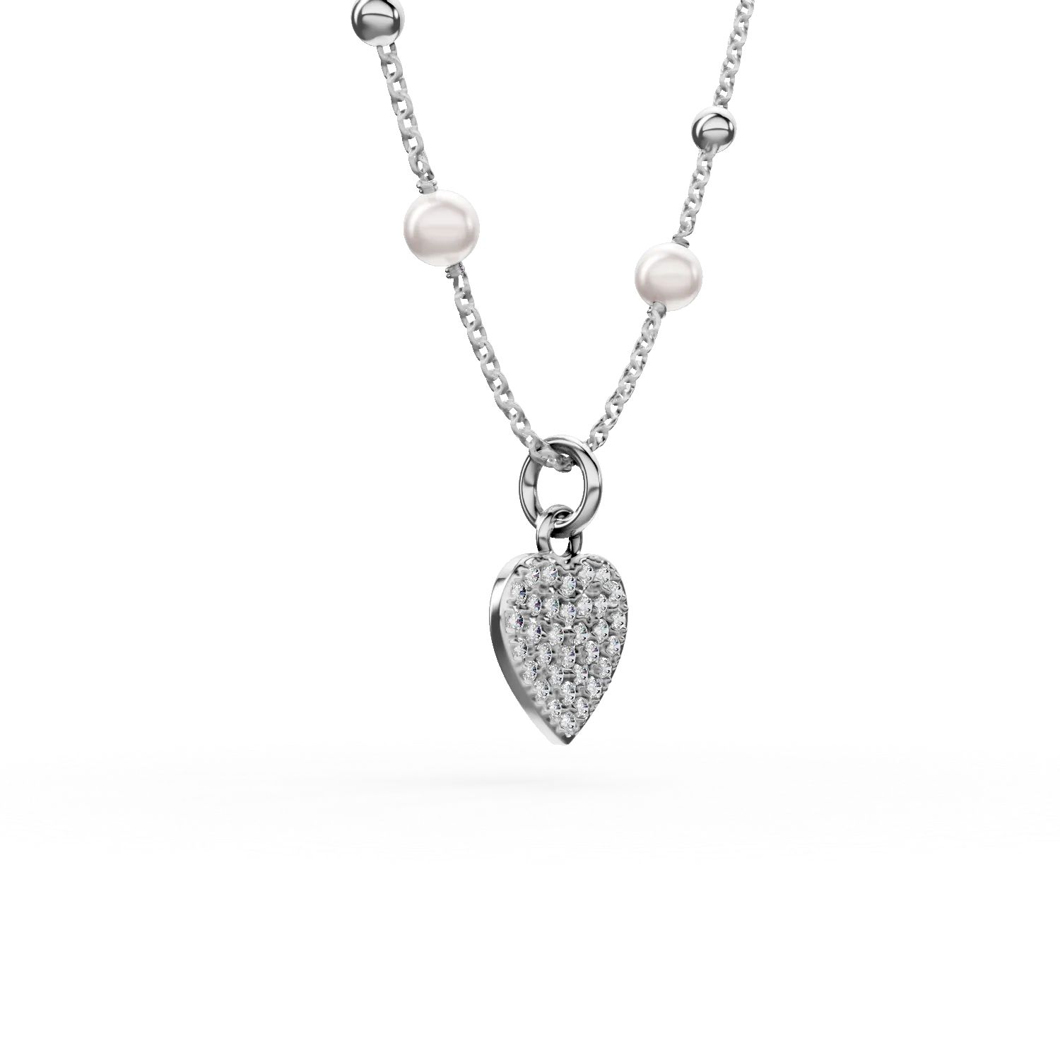 Lant din argint cu perle sintetice si pandantiv inima cu zirconii albe