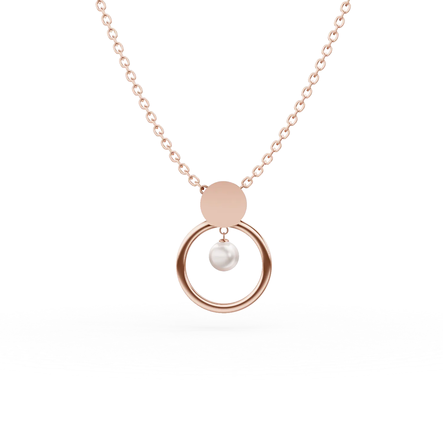 Lant cu pandantiv rotund din argint roz cu perla sintetica