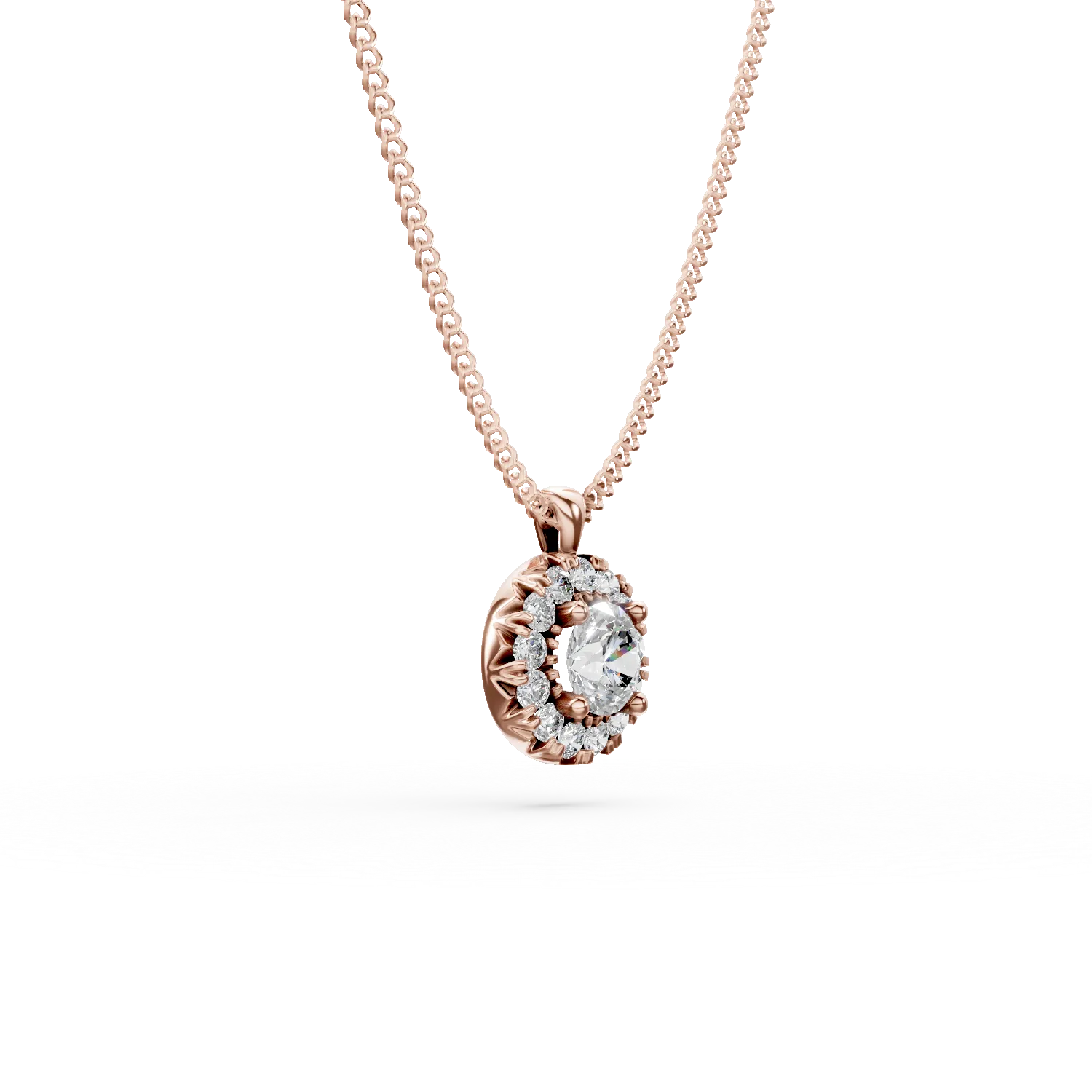 Lant din aur roz cu pandantiv rotund cu diamante de 0.55ct create in laborator