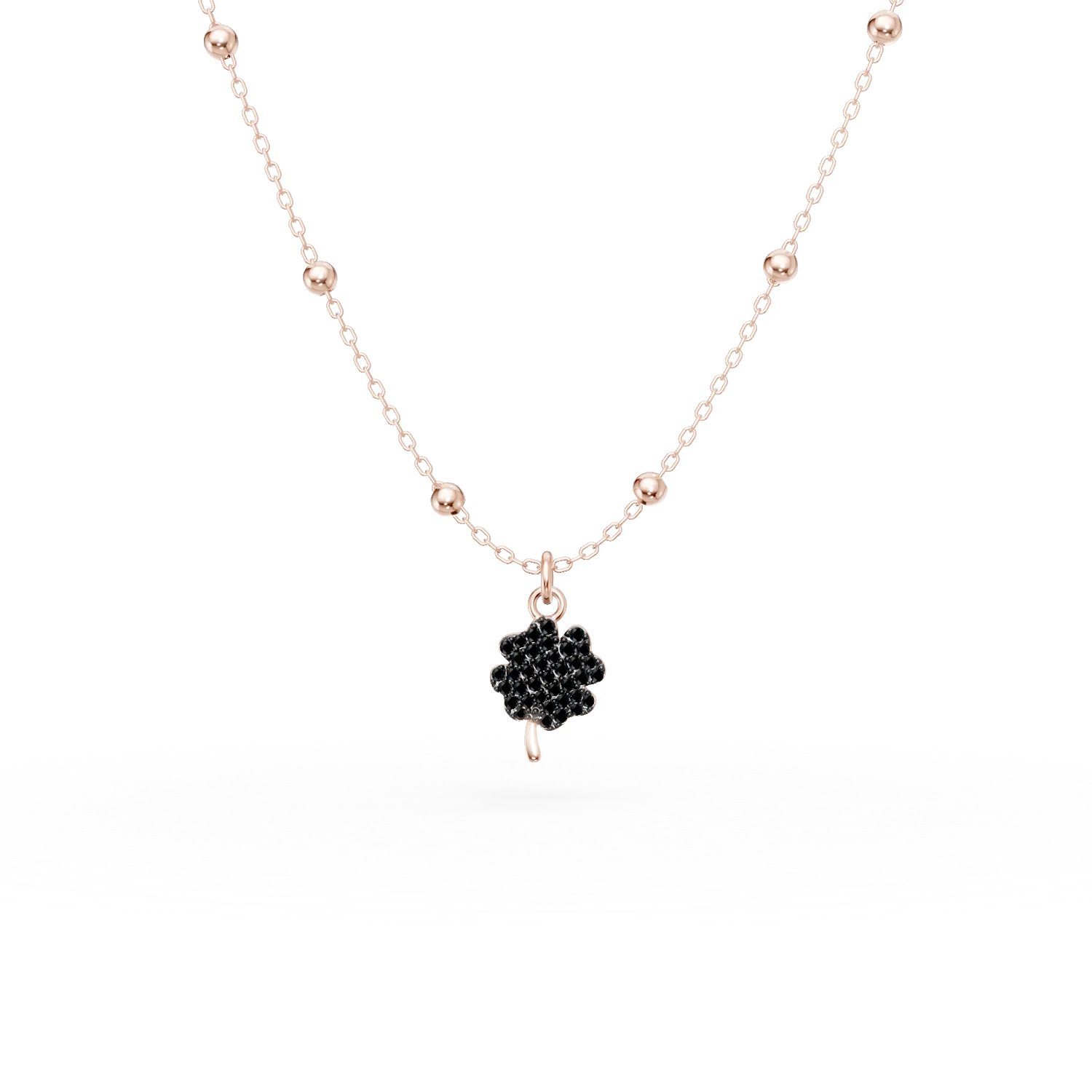 Lant cu pandantiv trifoi din argint roz cu zirconii negre