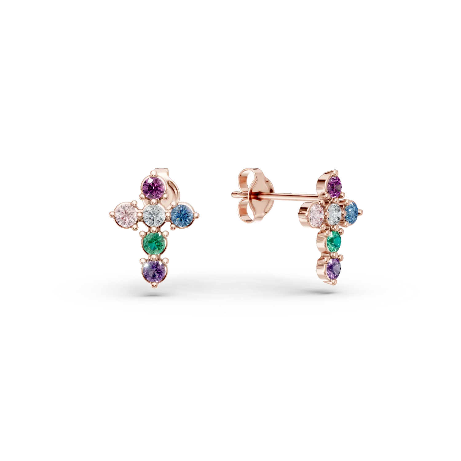 Cercei cruci din argint roz cu zirconii multicolore