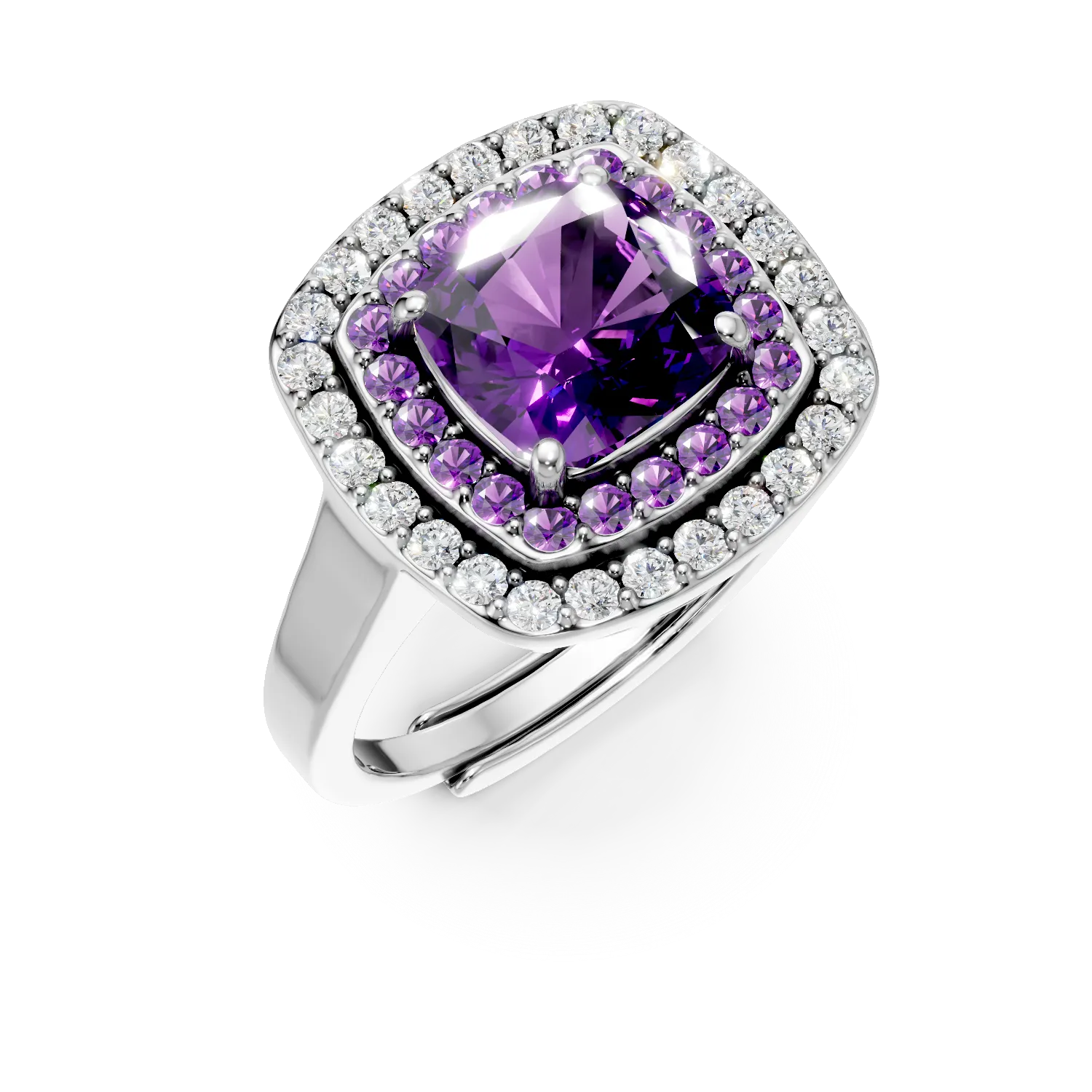 Inel din argint cu zirconii mov si incolore