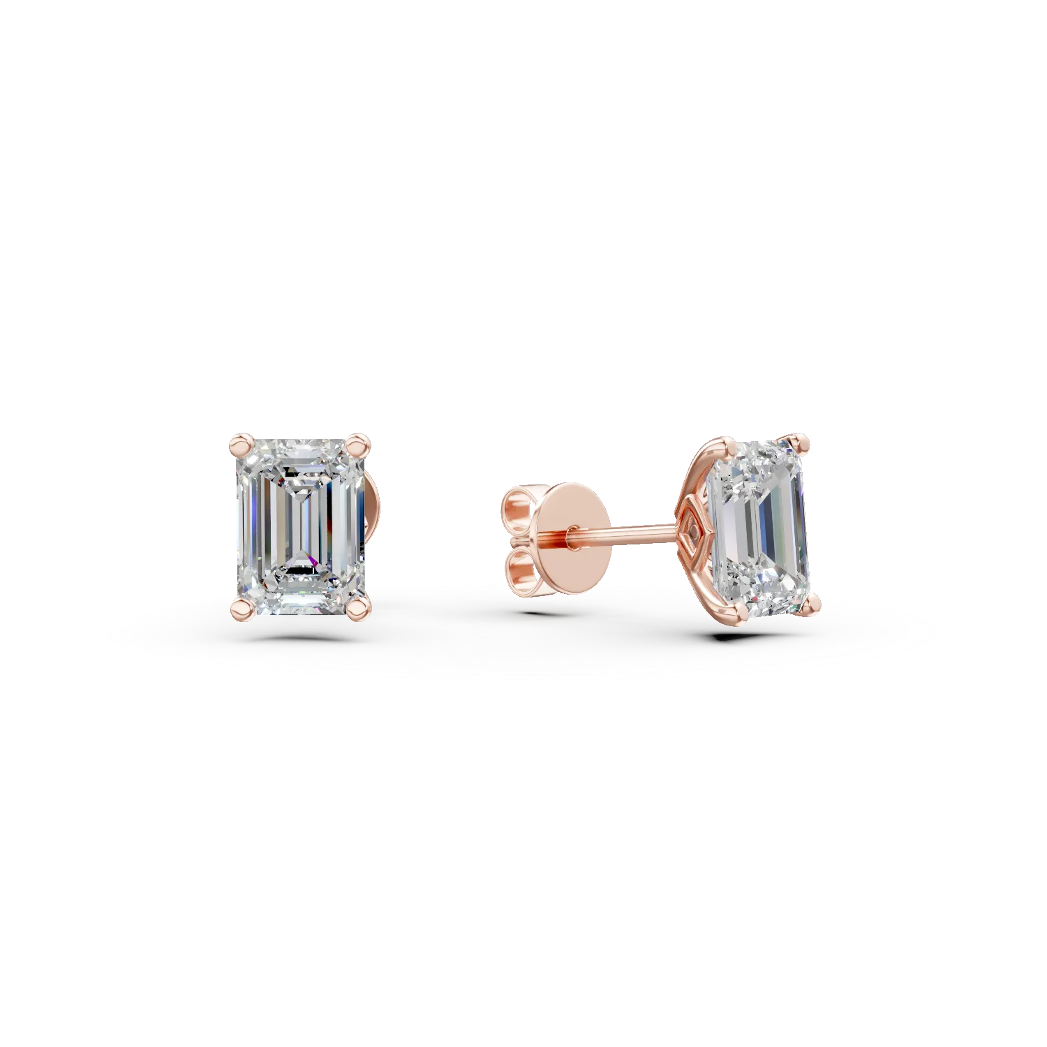 Cercei din aur roz cu diamante solitaire de 1ct create in laborator, taietura emerald
