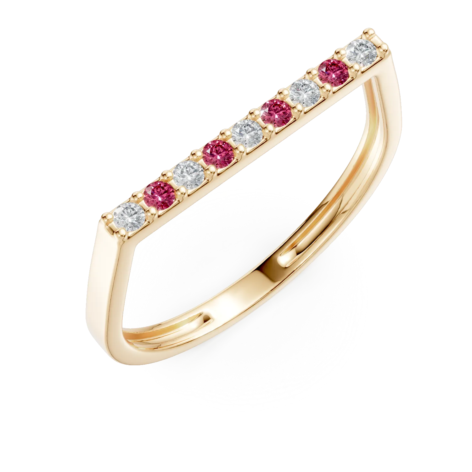 Inel minimalist din aur galben cu zirconii albe si roz