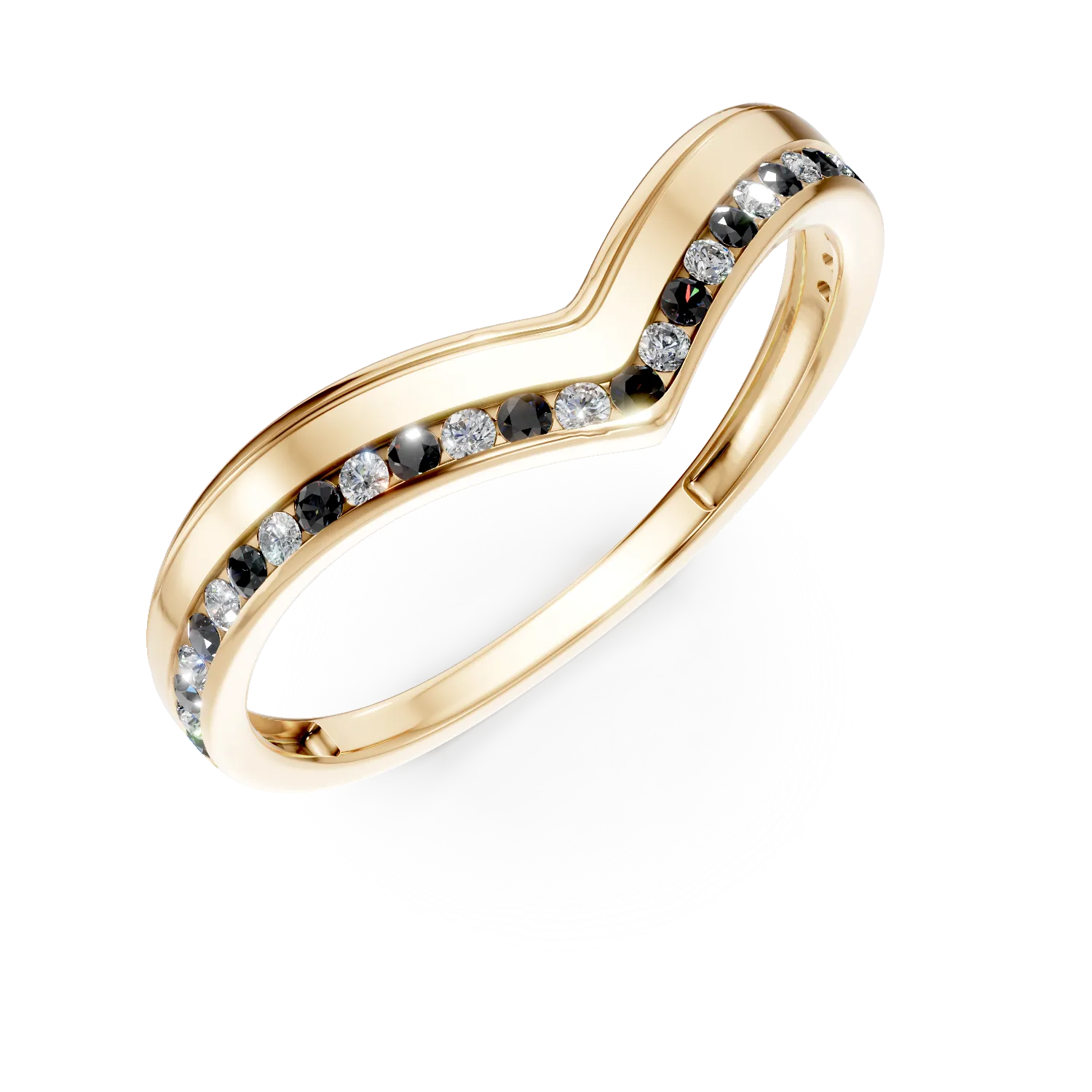 Inel geometric din aur galben cu zirconii albe si negre