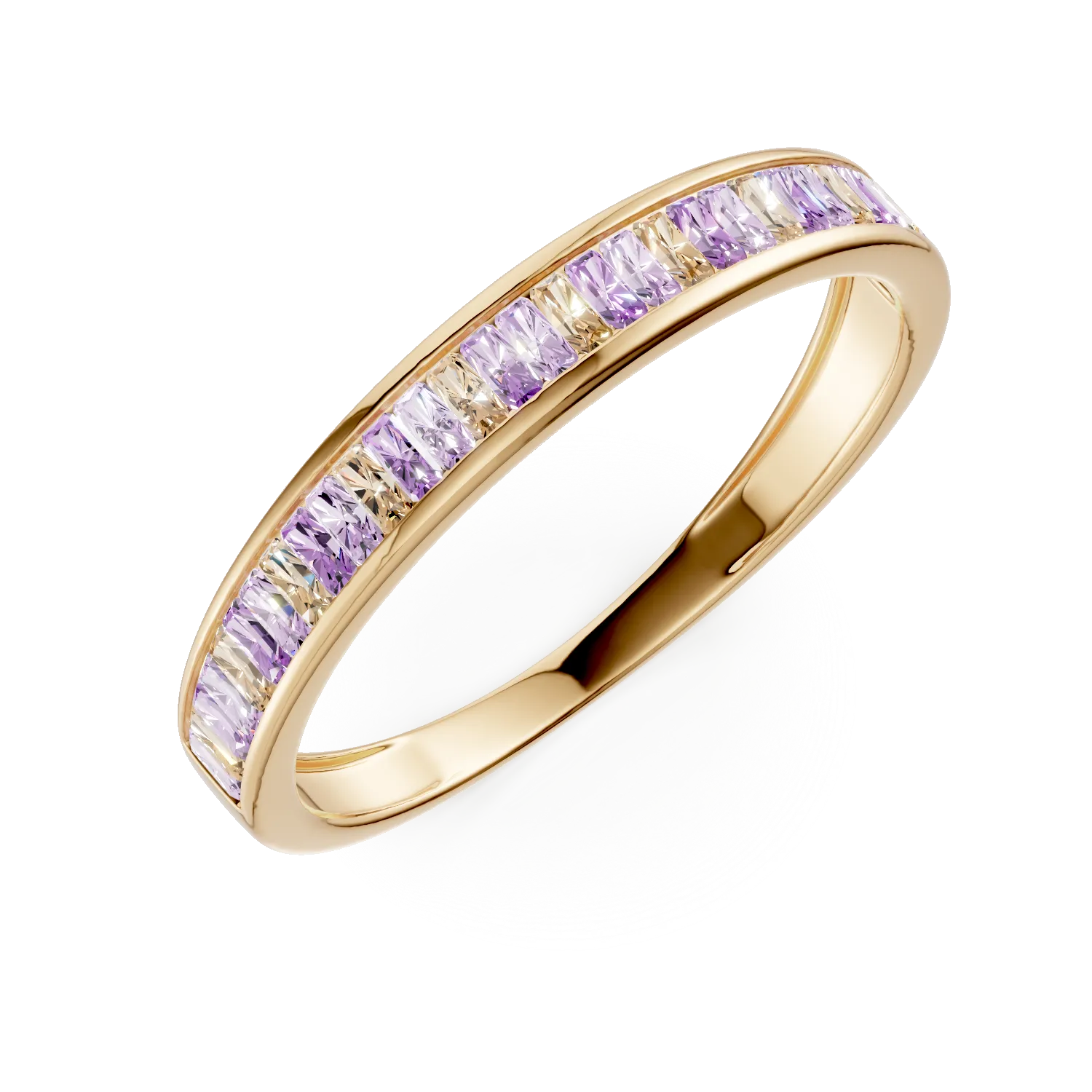 Inel semi eternity din aur galben cu zirconii roz deschis si lila