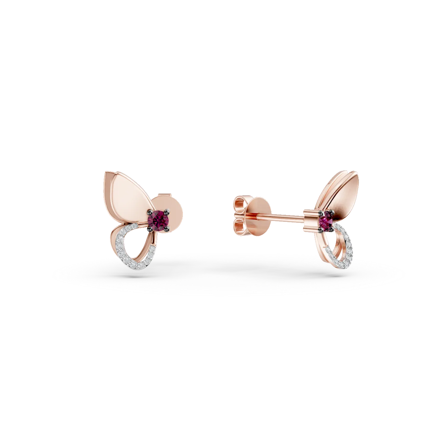 Cercei fluturi din aur roz cu rubine de 0.2ct
