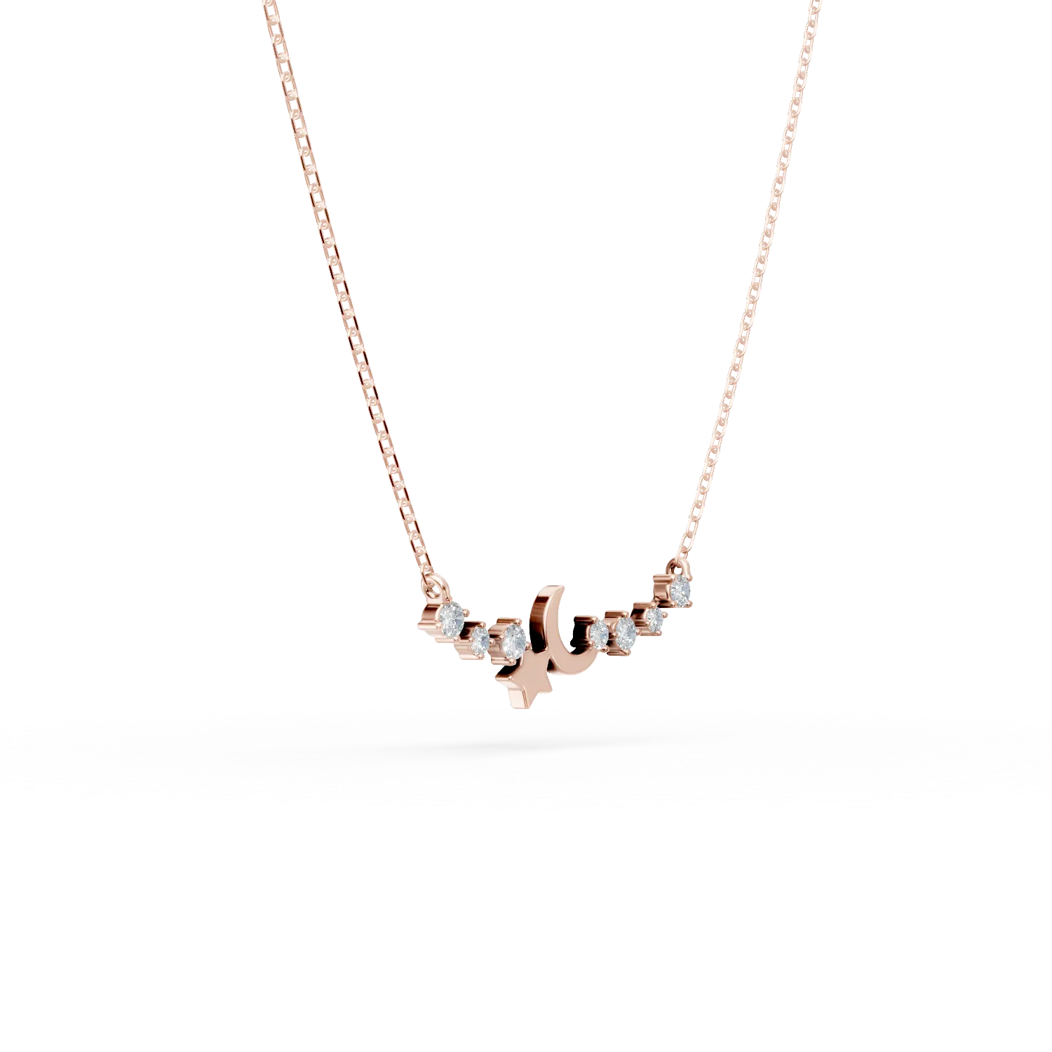 Lant cu pandantive semiluna si stea din aur roz cu diamante de 0.04ct