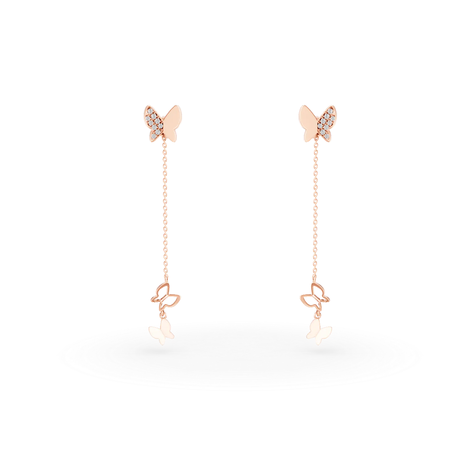 Cercei lungi cu fluturasi din aur roz cu diamante de 0.08ct