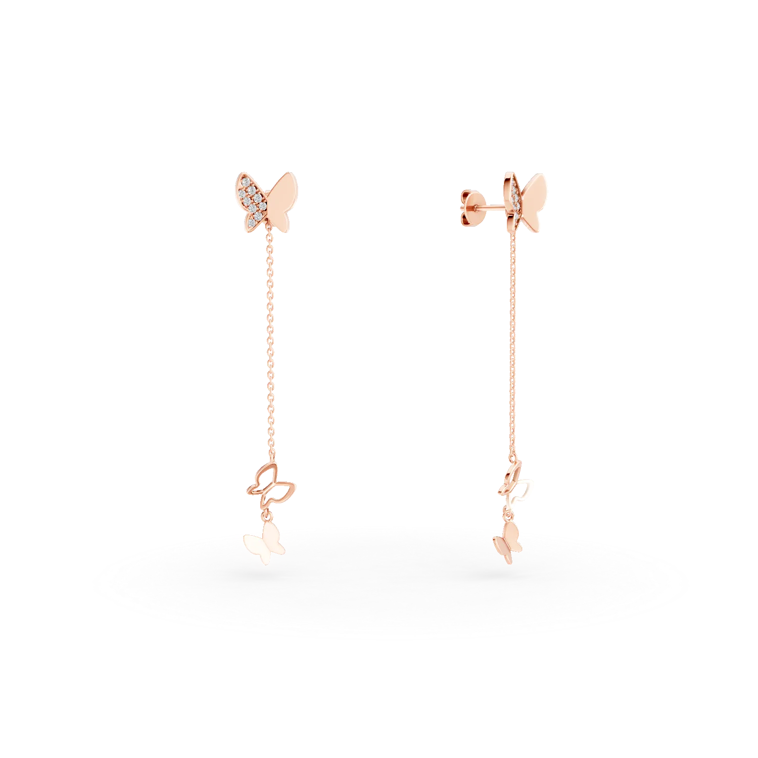 Cercei lungi cu fluturasi din aur roz cu diamante de 0.08ct