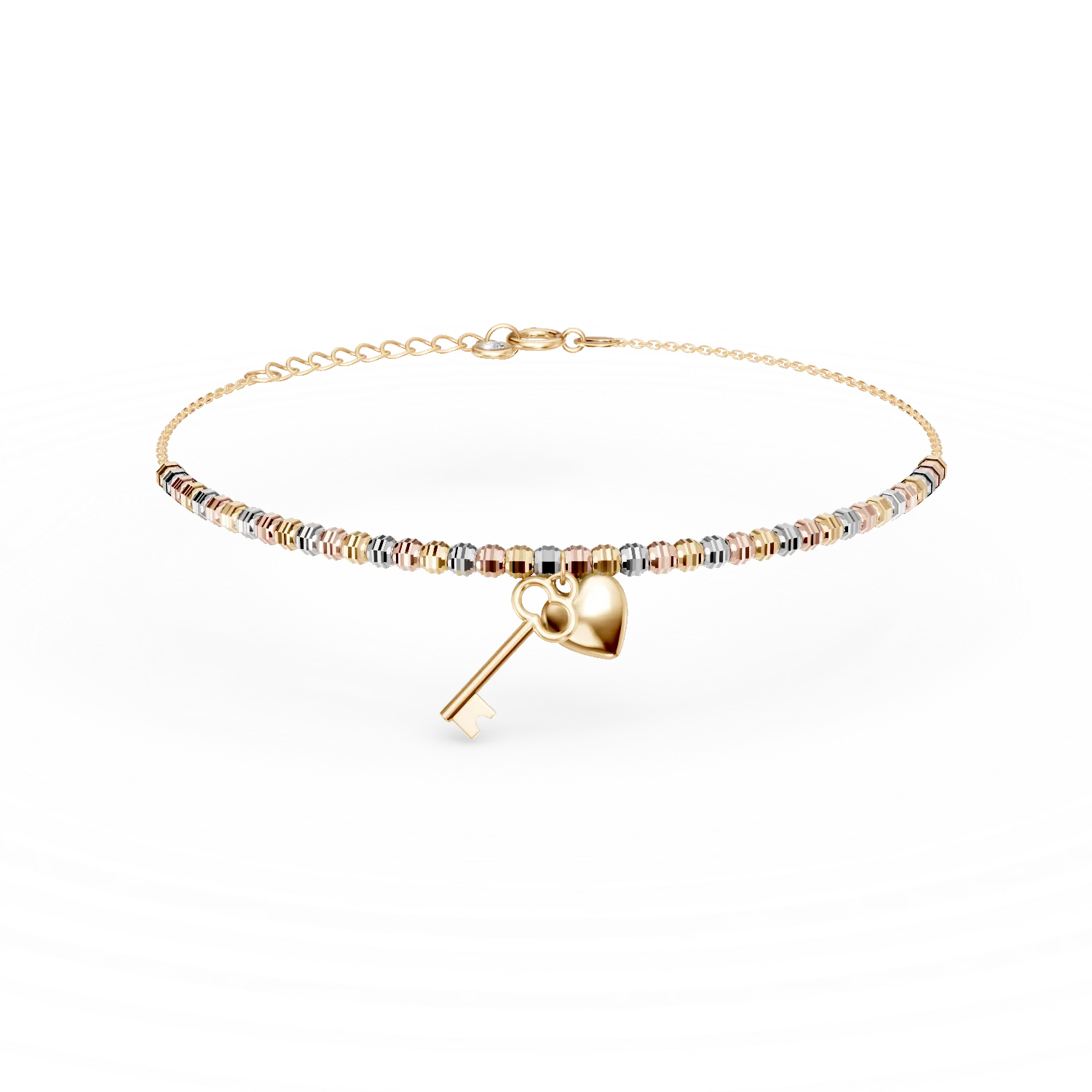 Bratara cu pandantiv inima si cheie din aur alb-roz-galben