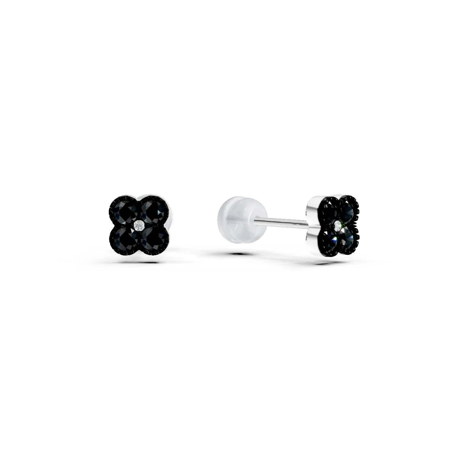 Cercei floare din aur alb cu diamante negre si incolore de 0.3ct