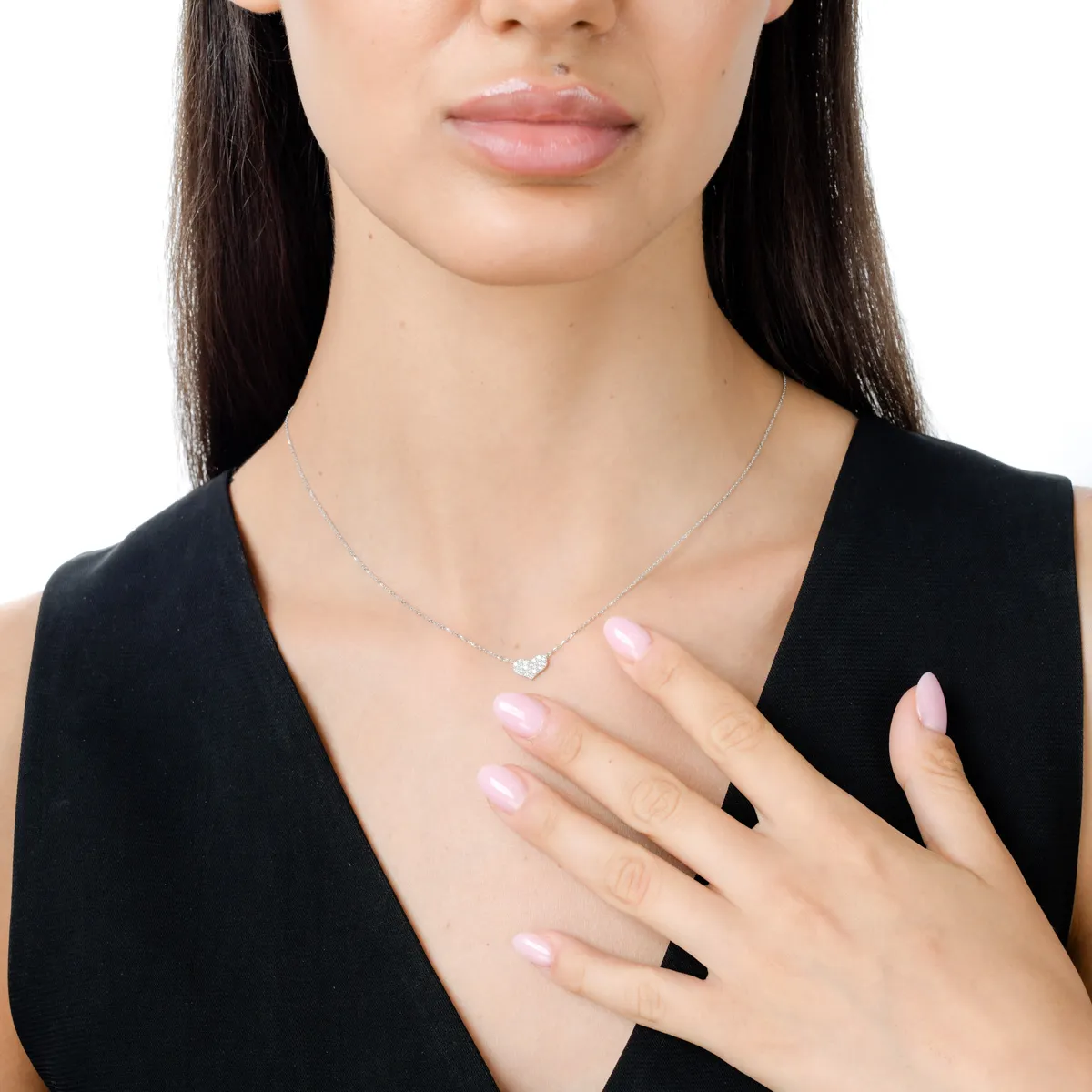 Lant cu pandantiv inima din aur alb cu diamante de 0.2ct