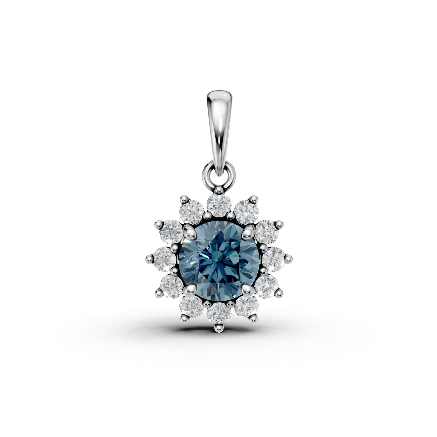 Pandantiv floare din aur alb cu topaz london blue de 0.3ct si diamante de 0.1ct create in laborator