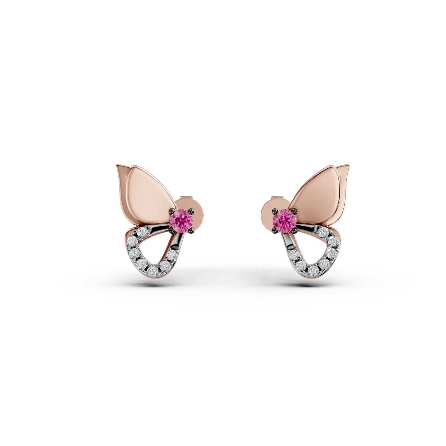 Cercei fluture din aur roz cu rubine de 0.1ct si diamante de 0.1ct create in laborator