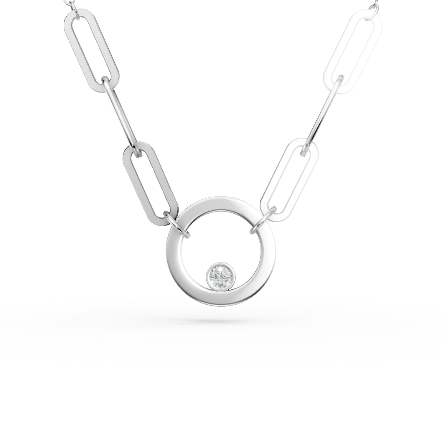 Lant cu pandantiv rotund din aur alb cu zirconia