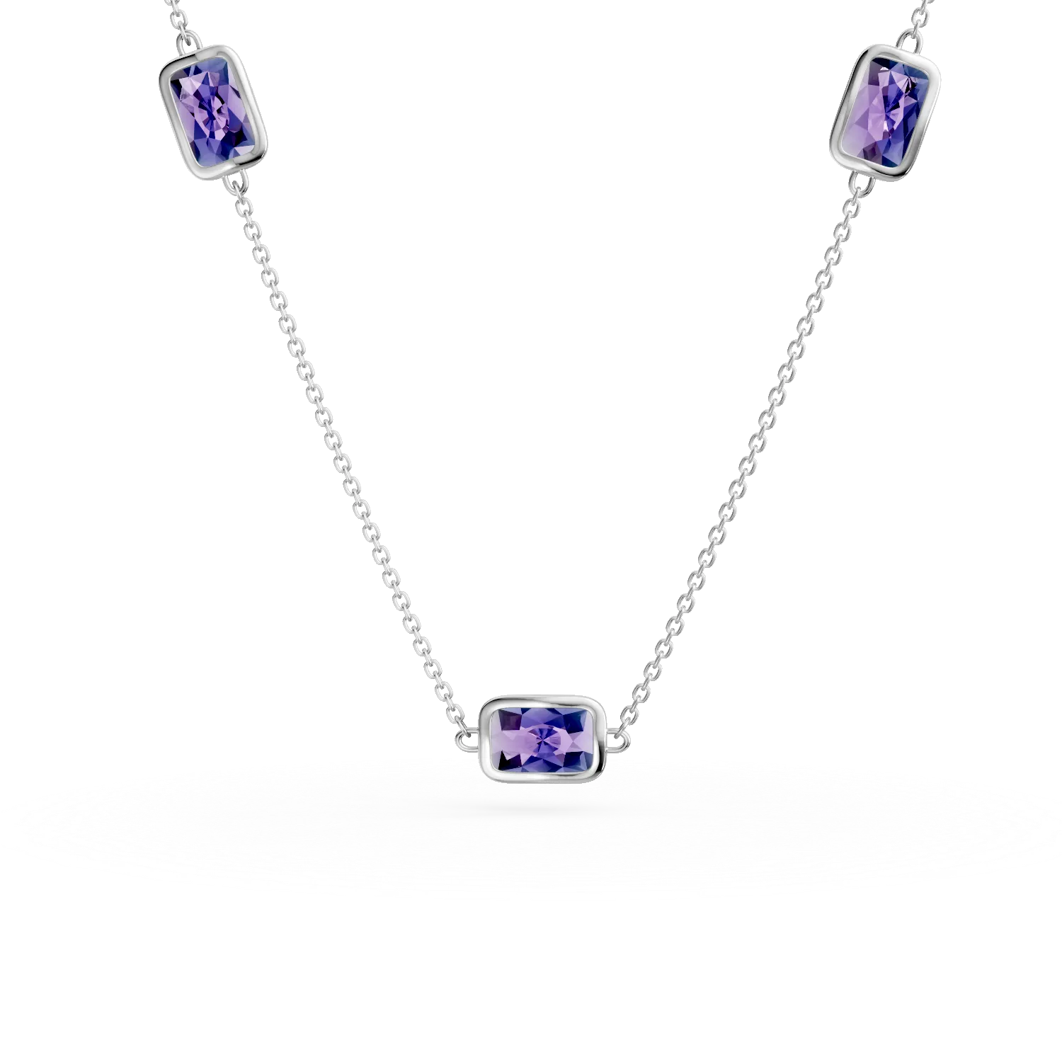 Lant cu pandantive minimaliste din aur alb cu zirconii mov