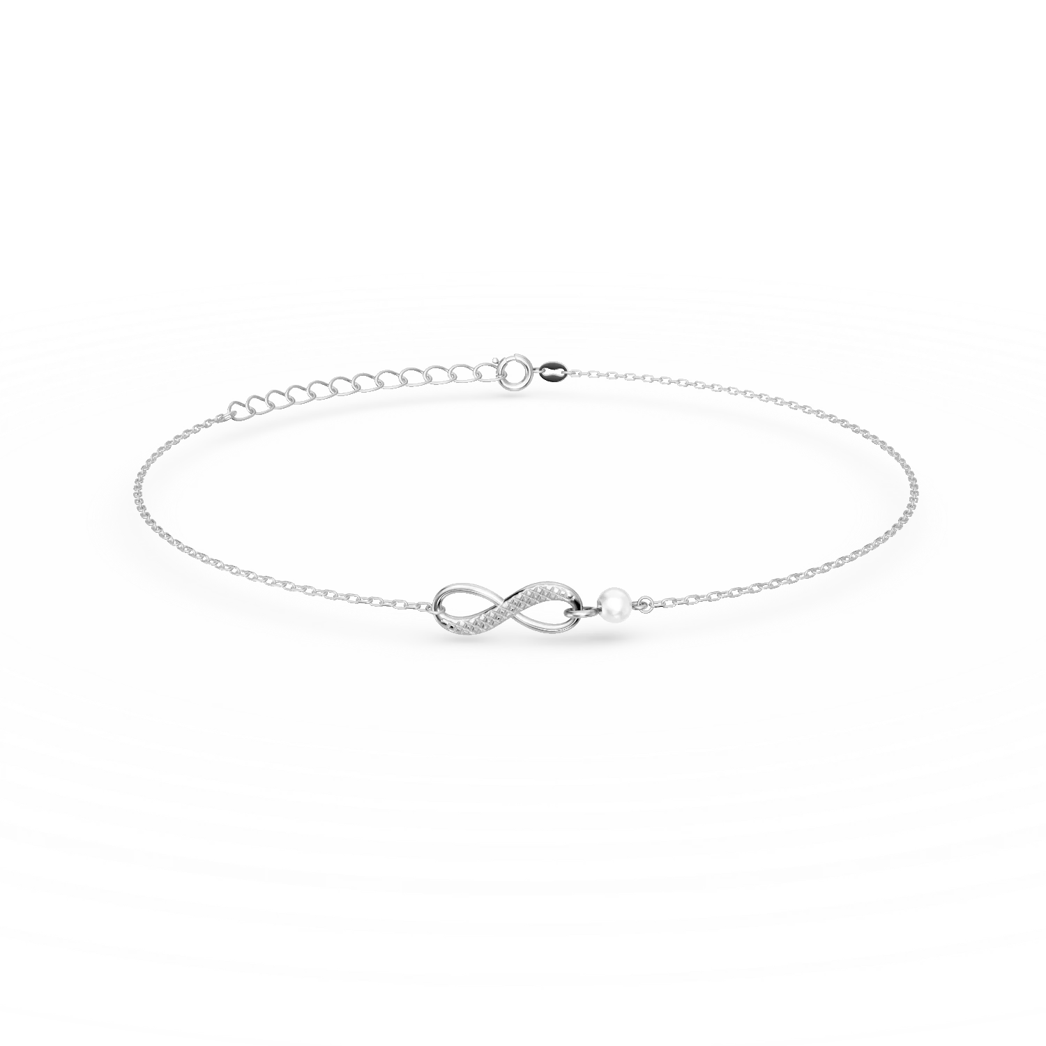 Bratara cu pandantiv infinit din aur alb cu perla sintetica