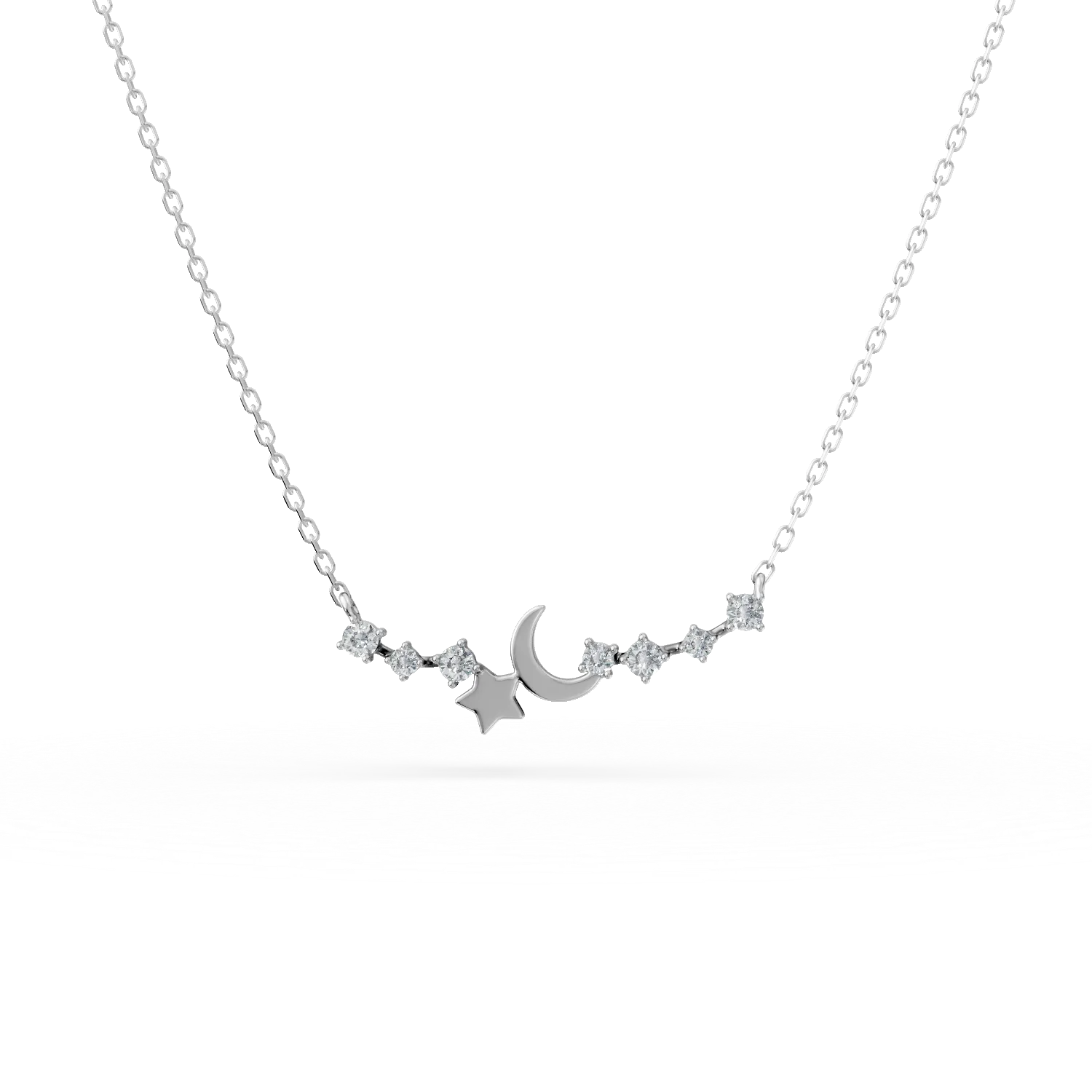 Lant cu pandantive semiluna si stea din aur alb cu diamante de 0.14ct create in laborator