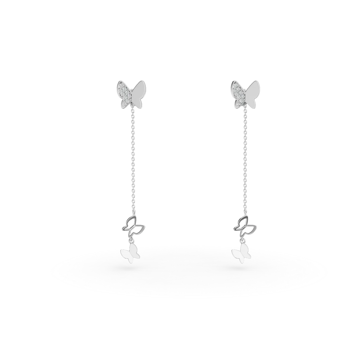 Cercei lungi cu fluturasi din aur alb cu diamante de 0.08ct create in laborator