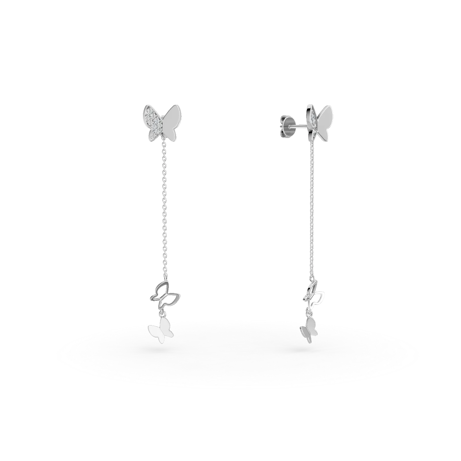 Cercei lungi cu fluturasi din aur alb cu diamante de 0.08ct create in laborator
