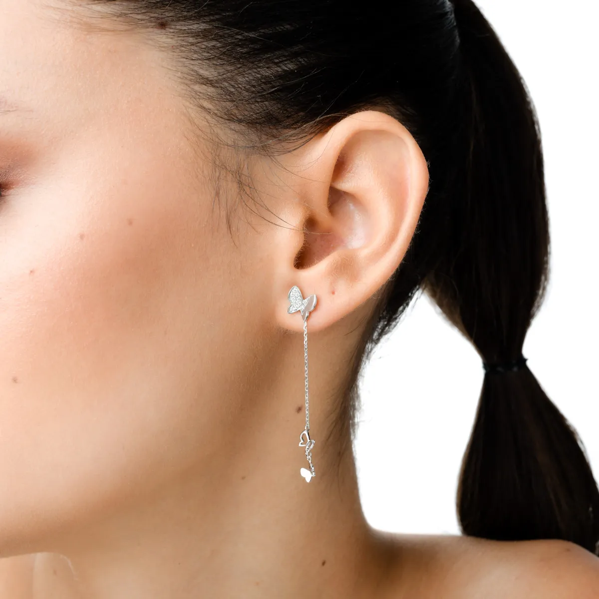 Cercei lungi cu fluturasi din aur alb cu diamante de 0.08ct create in laborator - imagine 3