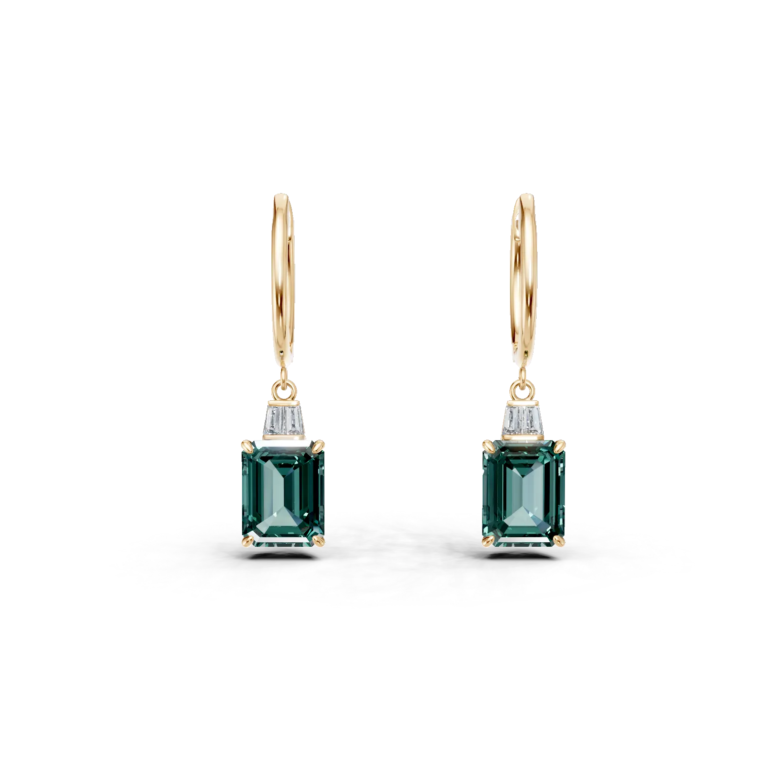 Cercei geometrici din aur galben cu smaralde de 4ct si diamante de 0.1ct create in laborator