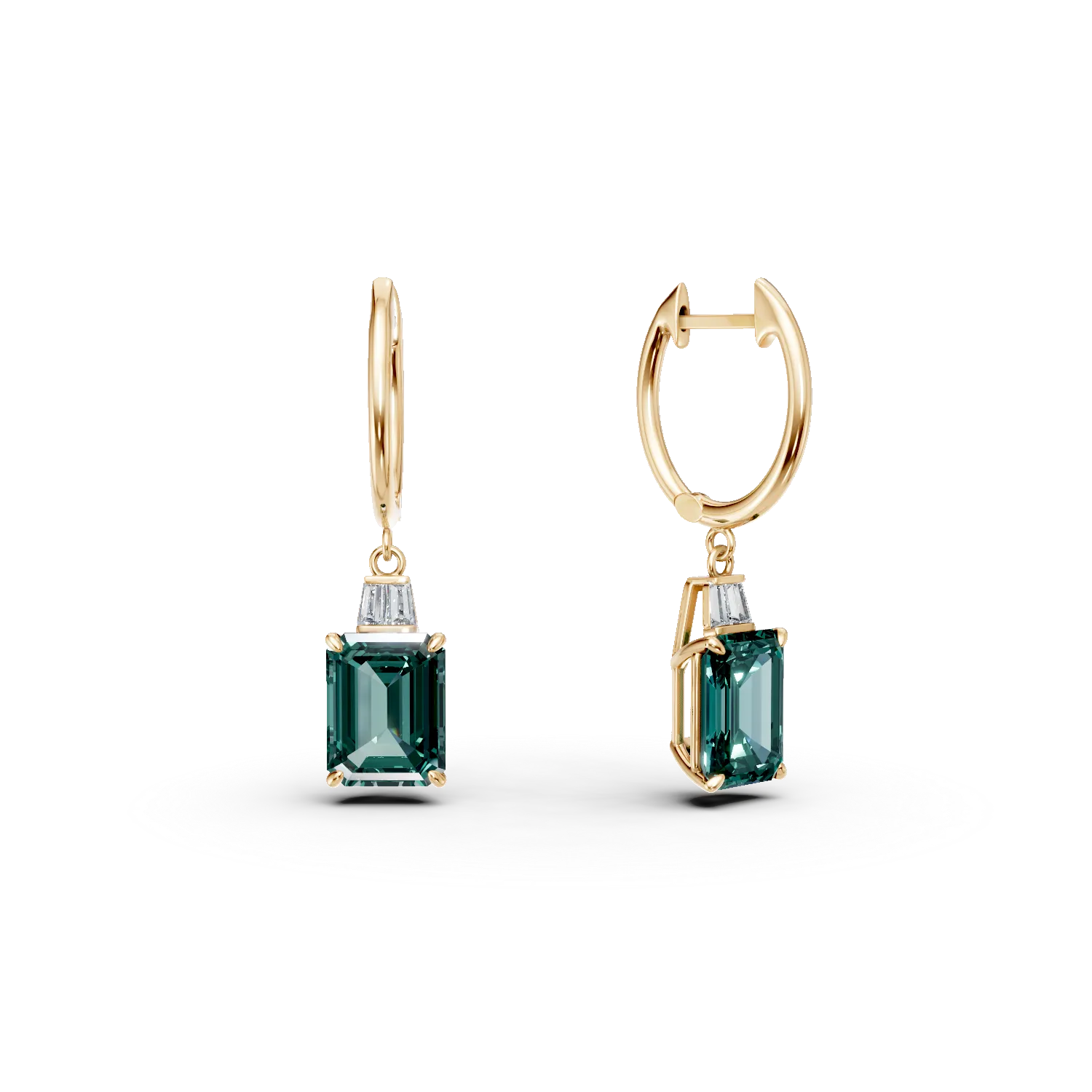 Cercei geometrici din aur galben cu smaralde de 4ct si diamante de 0.1ct create in laborator