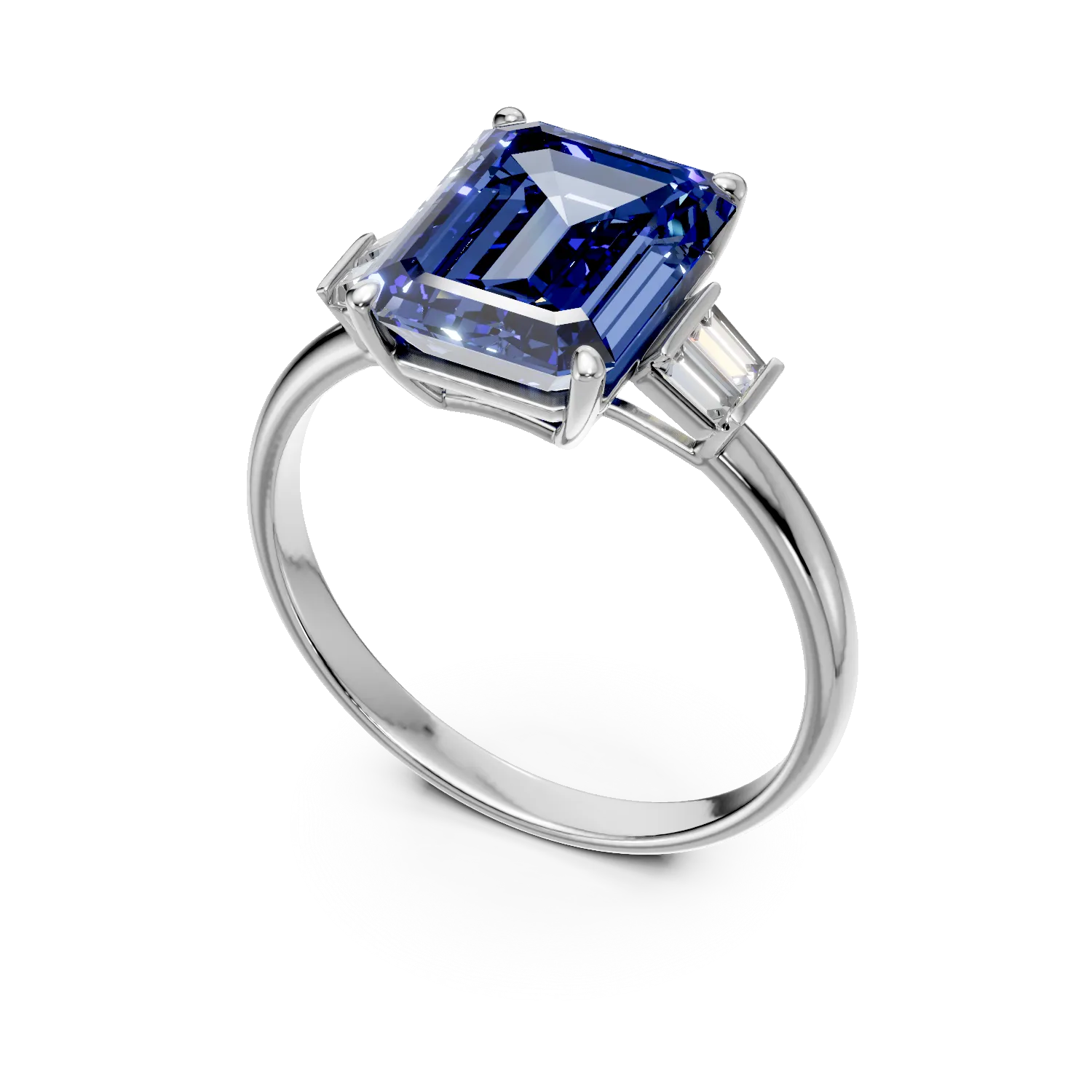Inel geometric din aur alb cu safir de 4.6ct si diamante de 0.1ct create in laborator