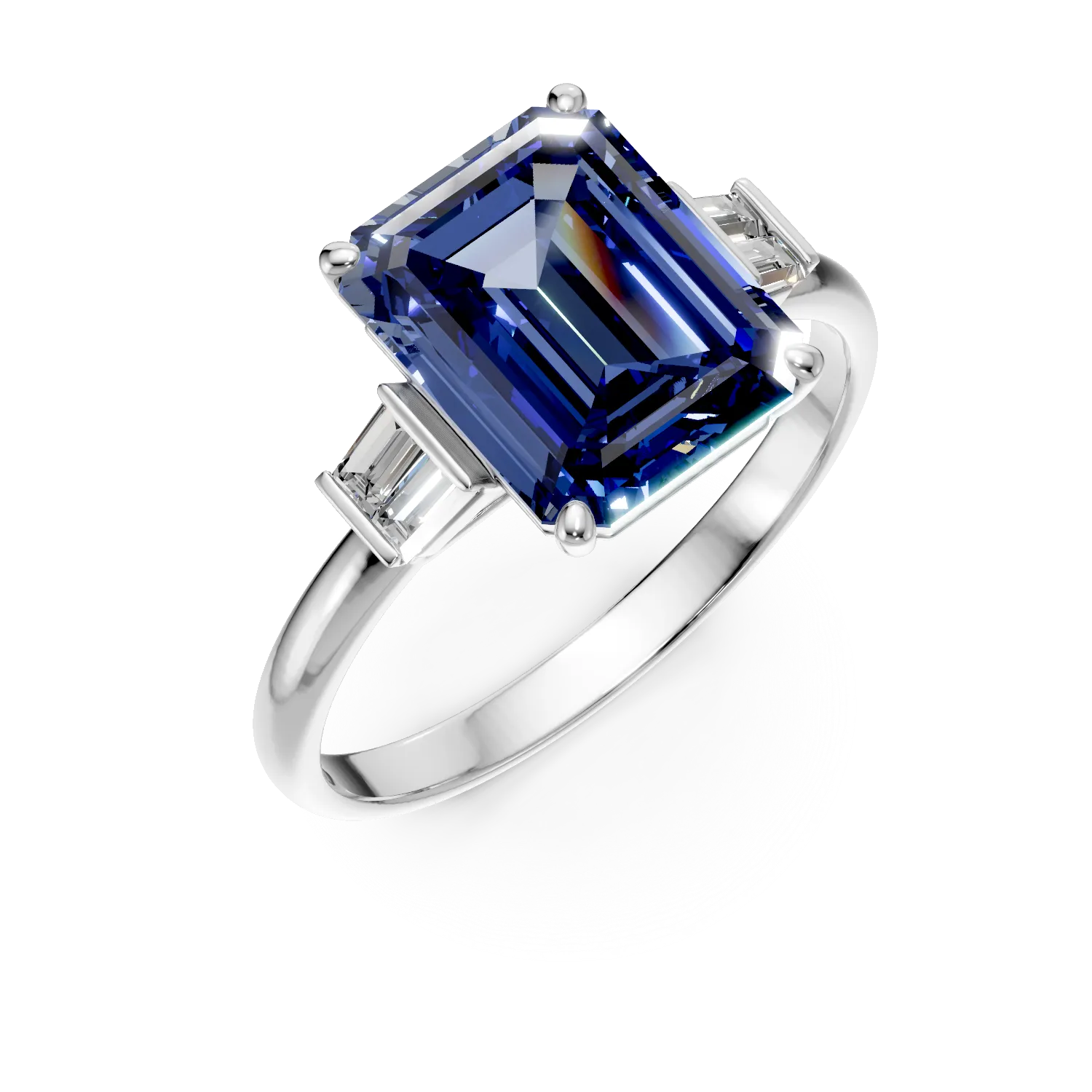 Inel geometric din aur alb cu safir de 4.1ct si diamante de 0.1ct create in laborator