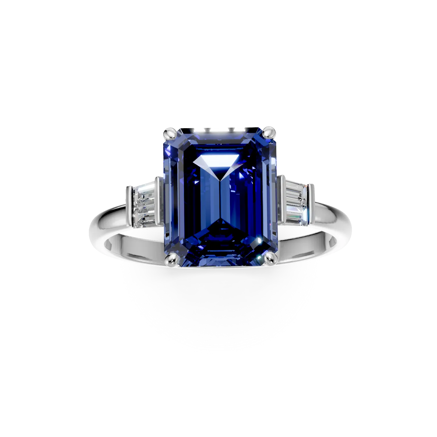 Inel geometric din aur alb cu safir de 4.1ct si diamante de 0.1ct create in laborator