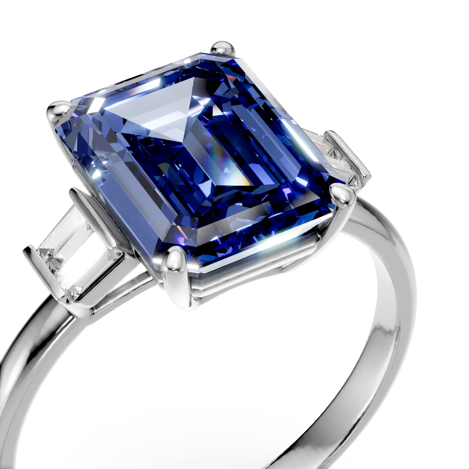 Inel geometric din aur alb cu safir de 4.1ct si diamante de 0.1ct create in laborator