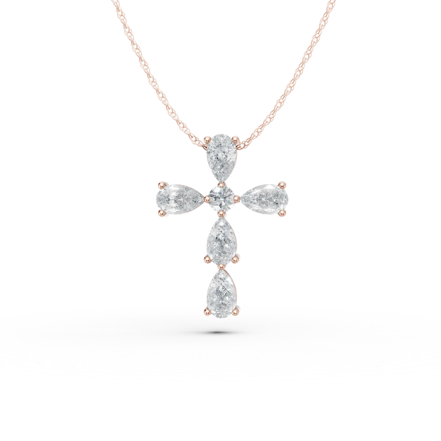 Lant cu pandantiv cruce din aur roz cu diamante de 0.5ct create in laborator