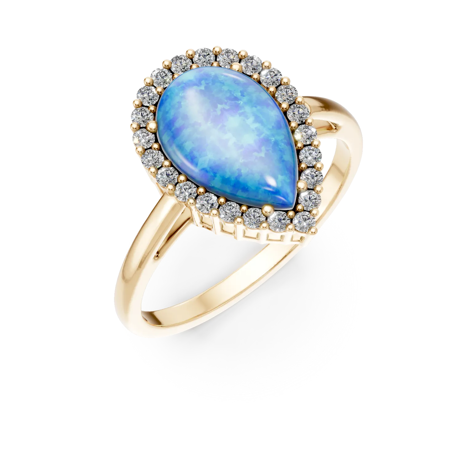 Inel lacrima din aur galben cu zirconii albe si albastre