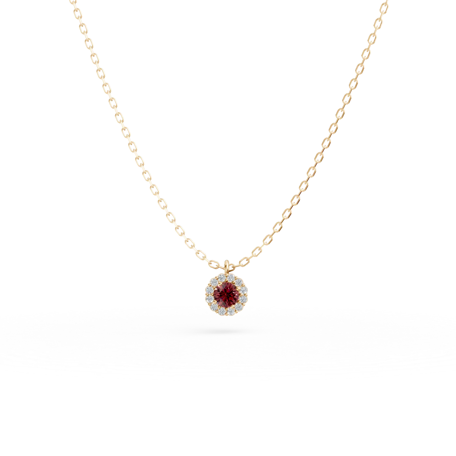 Lant cu pandantiv rotund din aur galben cu zirconii albe si rosii