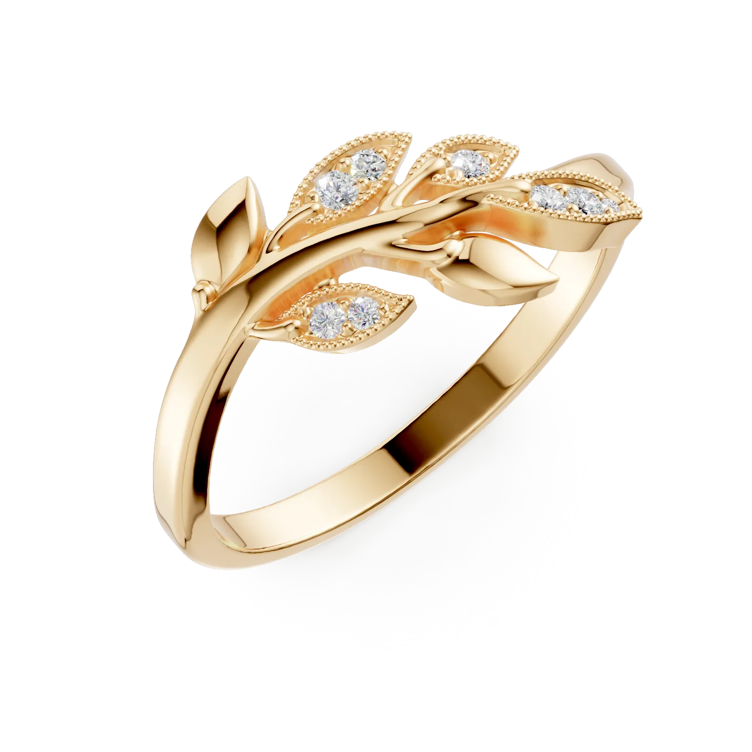 Inel frunze din aur galben cu zirconii