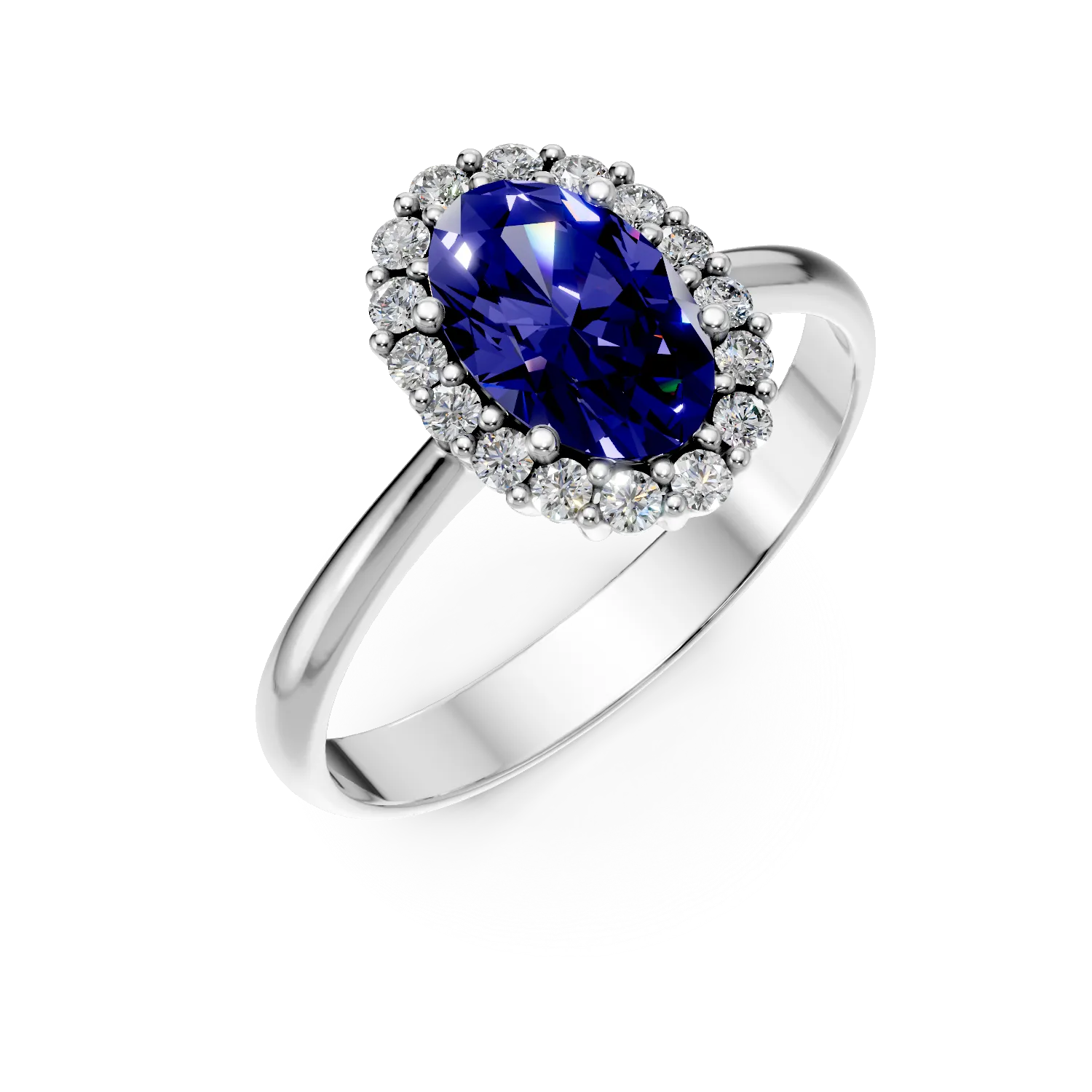 Inel oval din aur alb cu zirconii albe si albastre