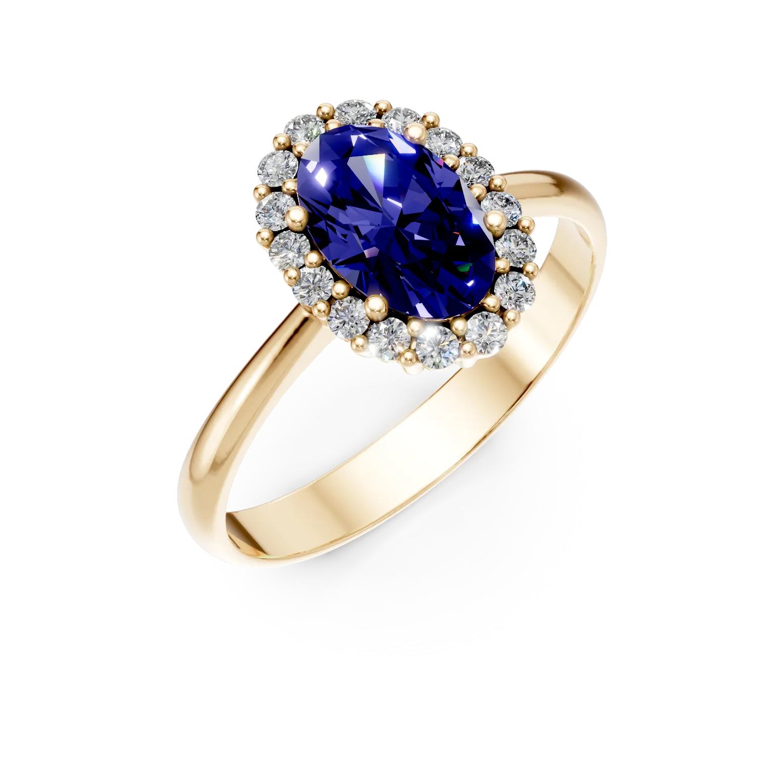 Inel din aur galben cu zirconii albastre si incolore