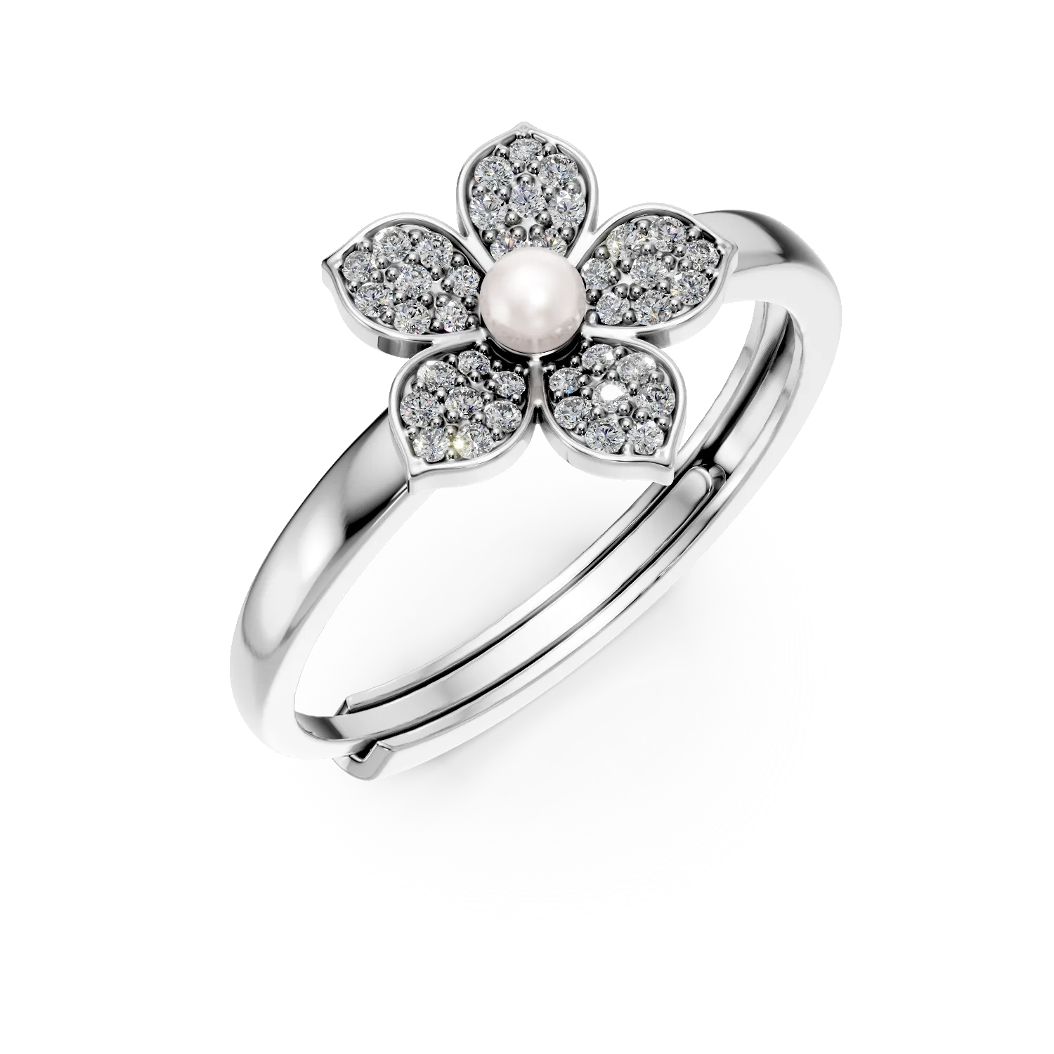 Inel floare din argint cu perla sintetica si zirconii