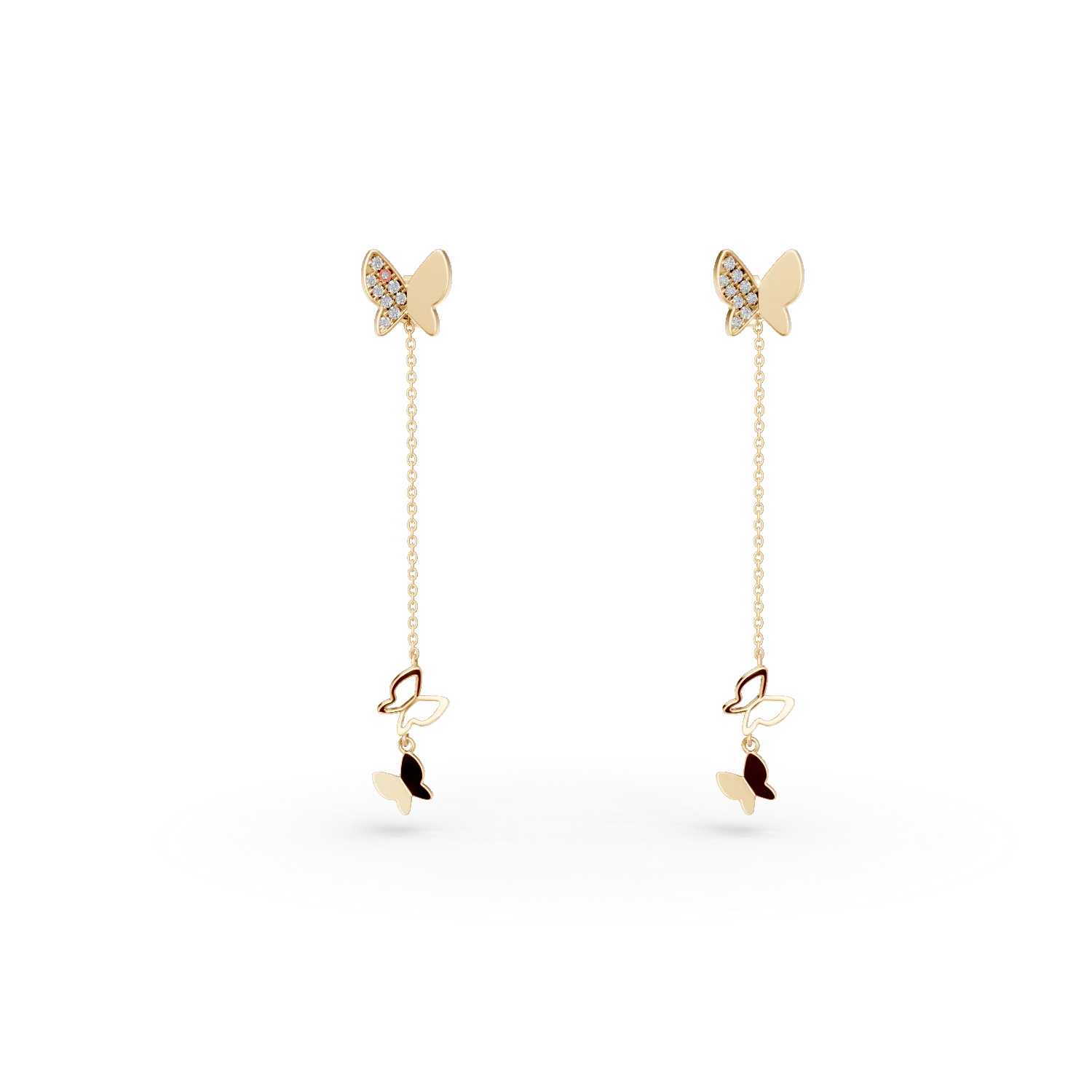 Cercei lungi cu fluturi din aur galben cu diamante de 0.08ct create in laborator
