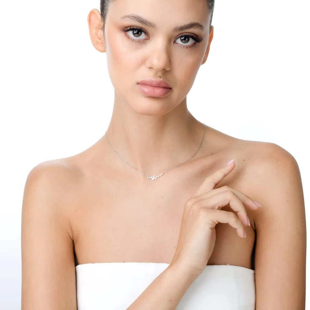 Colier luna si stea din aur alb cu diamante de 0.1ct create in laborator