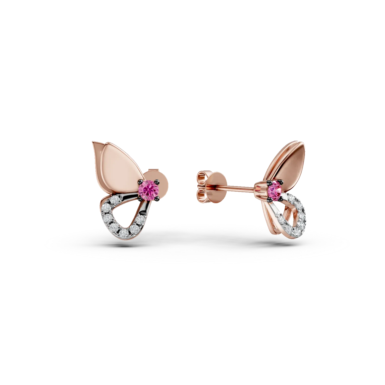 Cercei fluture din aur roz cu rubine de 0.1ct si diamante de 0.1ct create in laborator