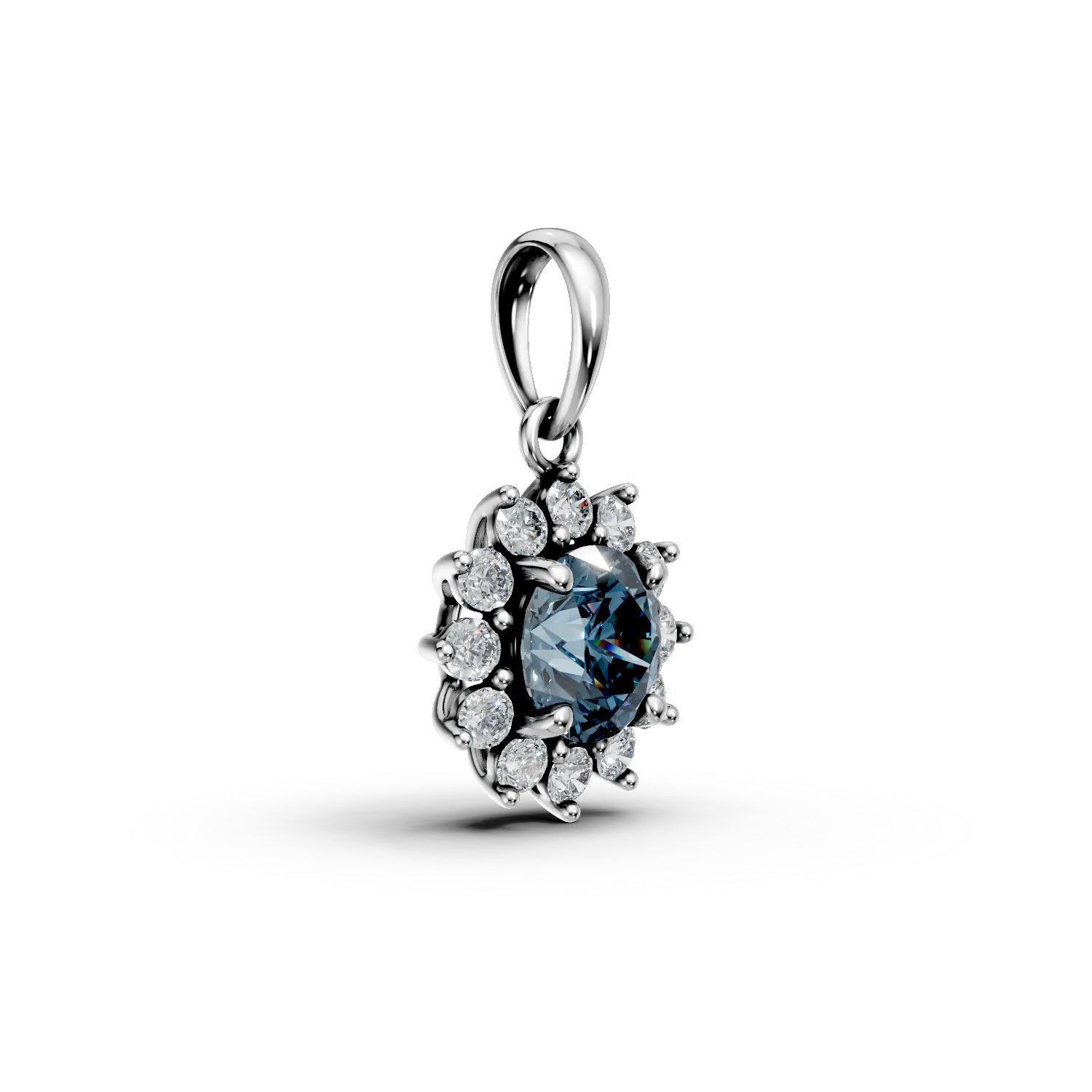 Pandantiv floare din aur alb cu topaz London blue de 0.3ct si diamante de 0.1ct create in laborator